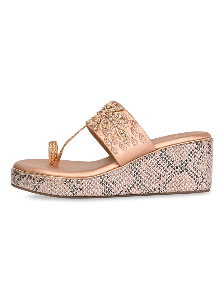 Rocia By Regal Rose Gold Women Hand Embroidered High Wedges