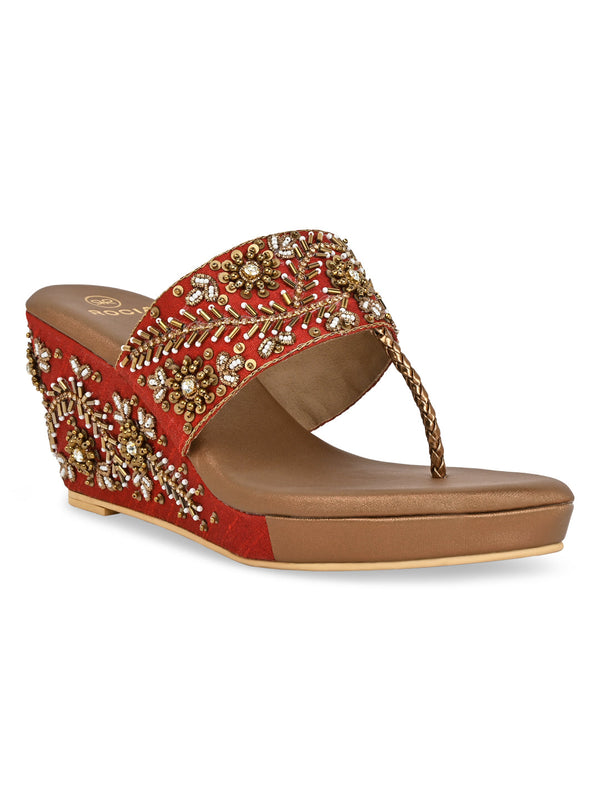 Rocia By Regal Antique Gold Women Hand Embroidered High Wedges