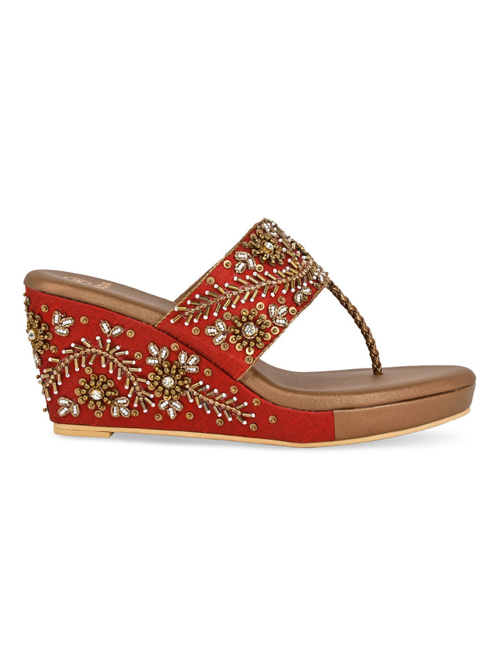 Rocia By Regal Antique Gold Women Hand Embroidered High Wedges