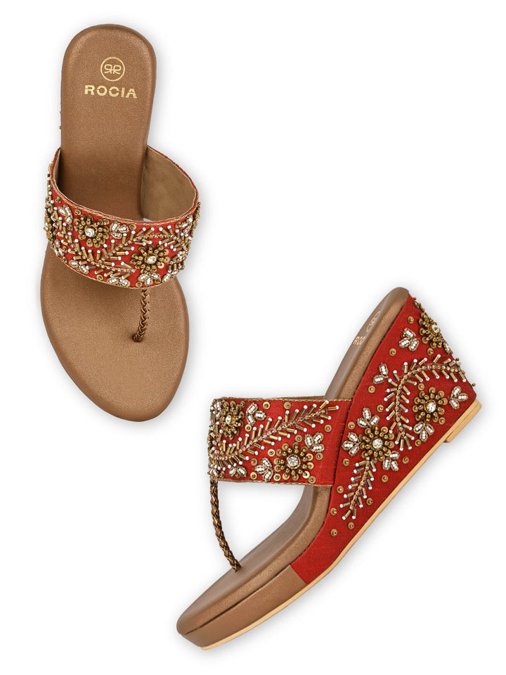 Rocia By Regal Antique Gold Women Hand Embroidered High Wedges