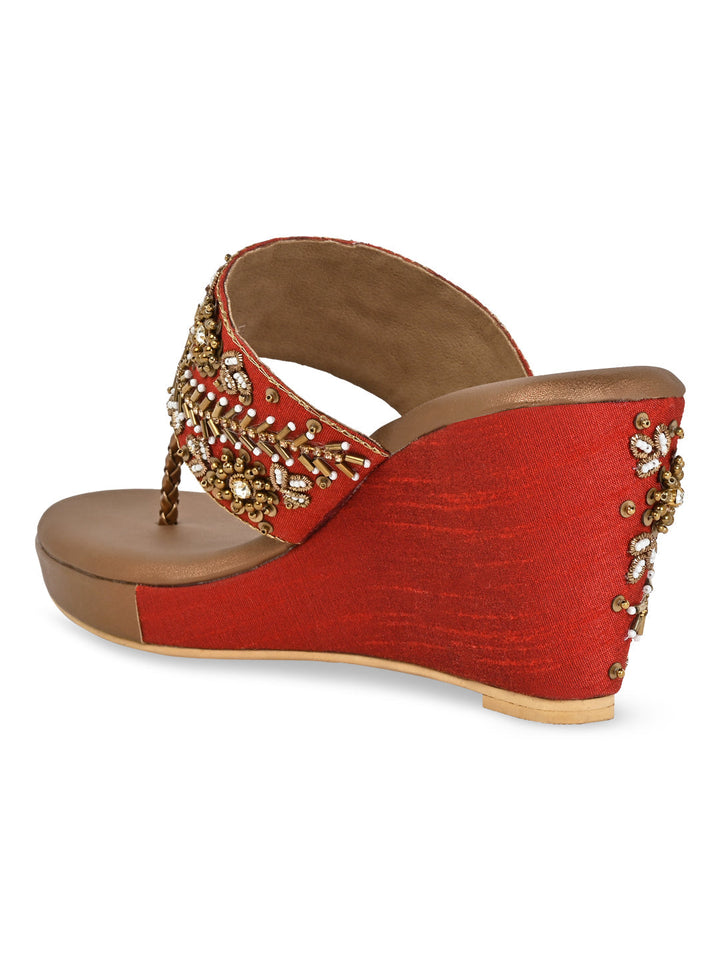 Rocia By Regal Antique Gold Women Hand Embroidered High Wedges