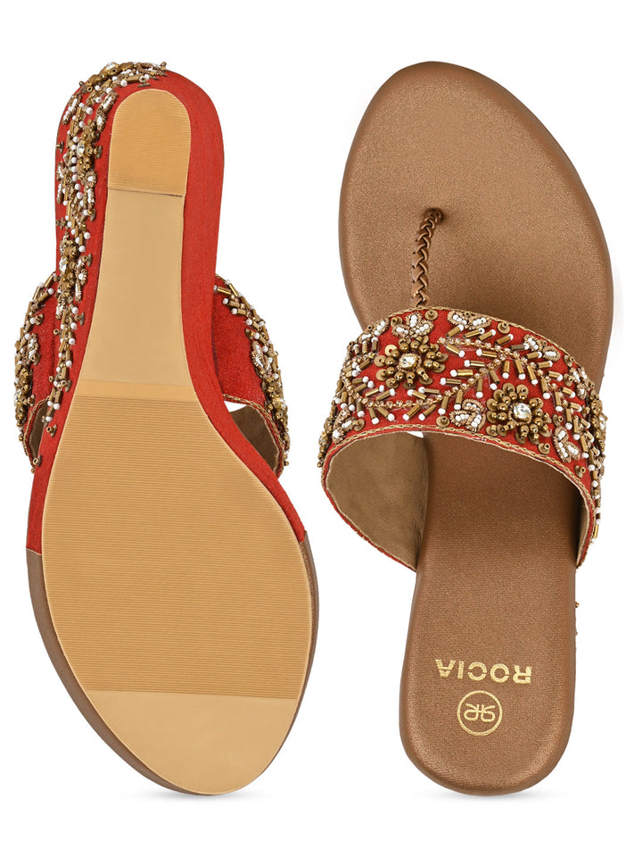 Rocia By Regal Antique Gold Women Hand Embroidered High Wedges