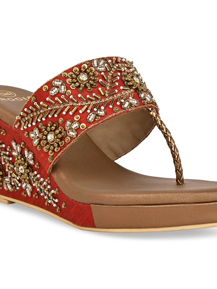 Rocia By Regal Antique Gold Women Hand Embroidered High Wedges