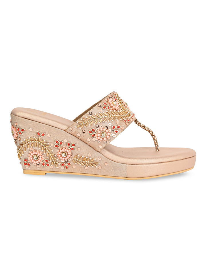 Rocia By Regal Rose Gold Women Hand Embroidered High Wedges