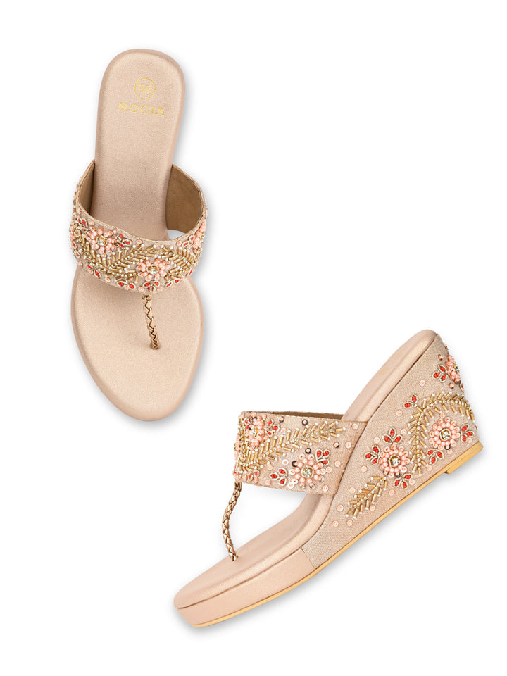 Rocia By Regal Rose Gold Women Hand Embroidered High Wedges
