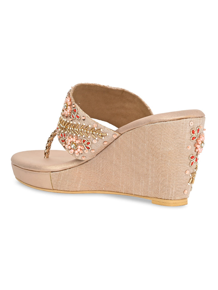 Rocia By Regal Rose Gold Women Hand Embroidered High Wedges
