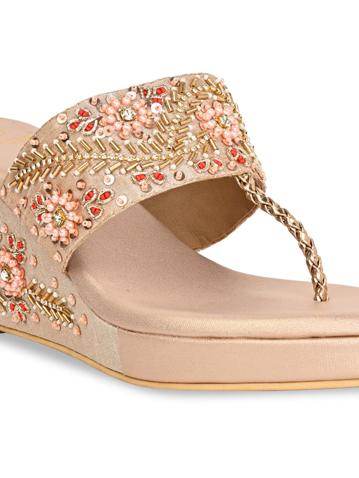Rocia By Regal Rose Gold Women Hand Embroidered High Wedges
