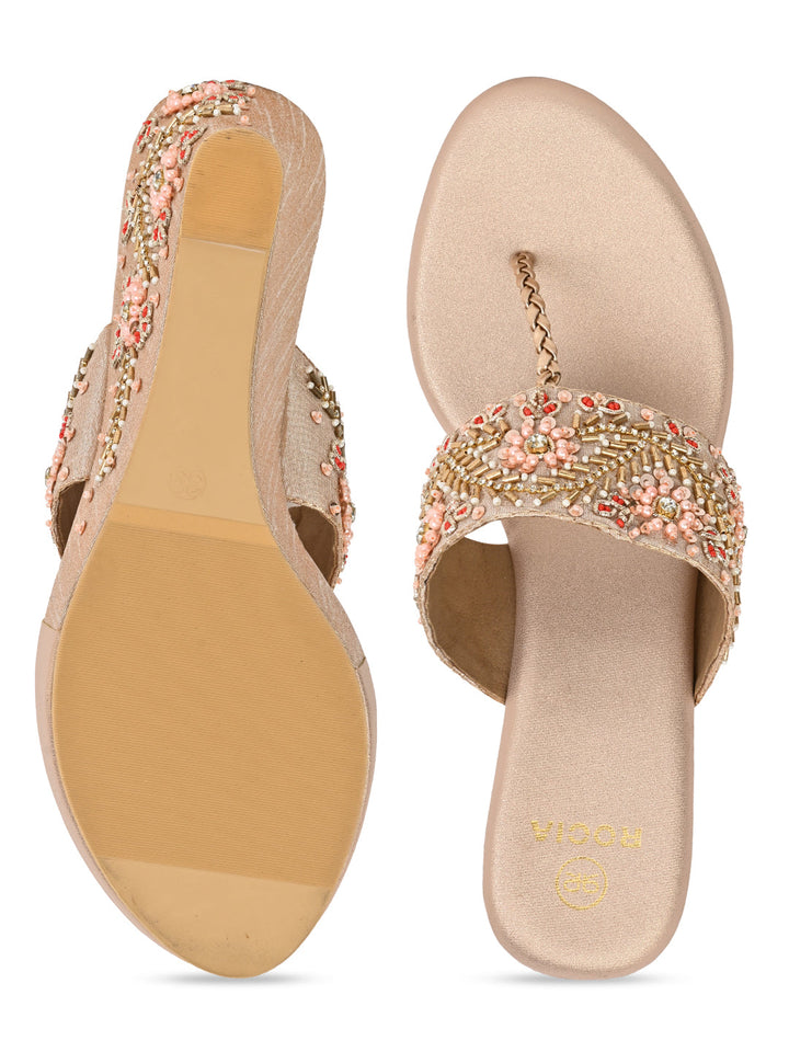 Rocia By Regal Rose Gold Women Hand Embroidered High Wedges