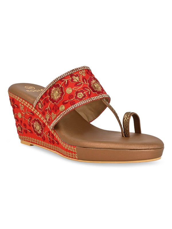 Rocia By Regal Maroon Women Hand Embroidered High Wedges