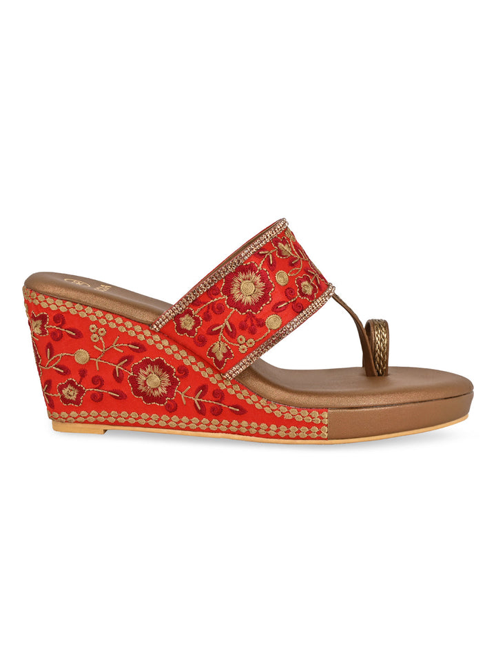 Rocia By Regal Maroon Women Hand Embroidered High Wedges