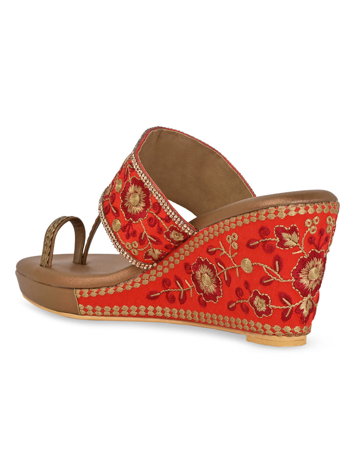 Rocia By Regal Maroon Women Hand Embroidered High Wedges
