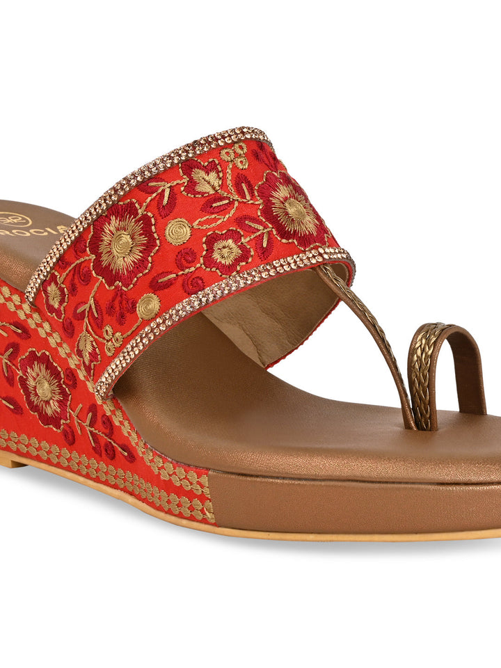 Rocia By Regal Maroon Women Hand Embroidered High Wedges