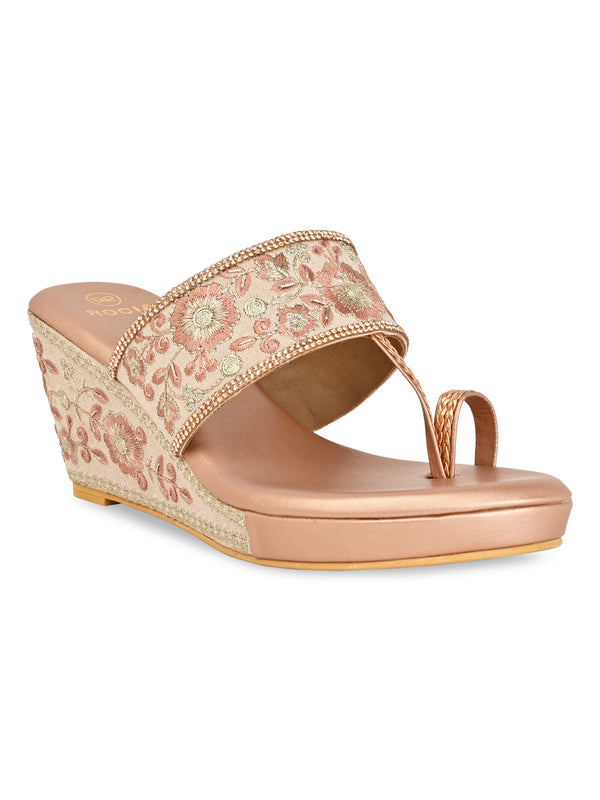 Rocia By Regal Rose Gold Women Hand Embroidered High Wedges