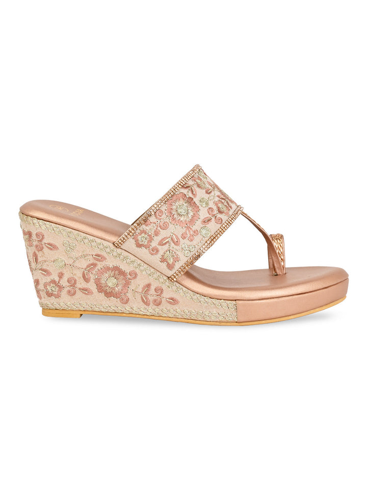Rocia By Regal Rose Gold Women Hand Embroidered High Wedges