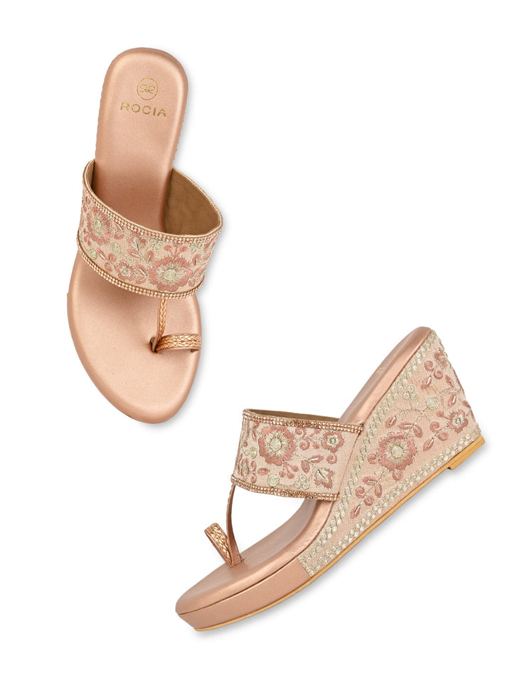 Rocia By Regal Rose Gold Women Hand Embroidered High Wedges