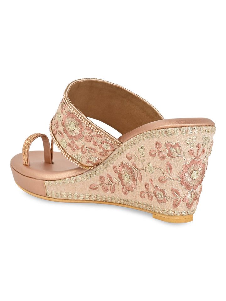 Rocia By Regal Rose Gold Women Hand Embroidered High Wedges