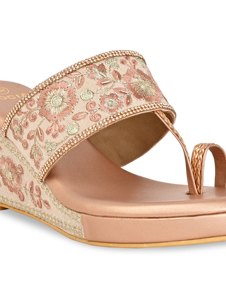 Rocia By Regal Rose Gold Women Hand Embroidered High Wedges