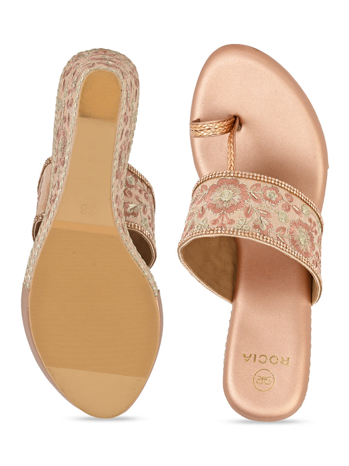 Rocia By Regal Rose Gold Women Hand Embroidered High Wedges