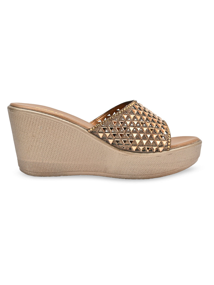 Rocia By Regal Antique Gold Women Diamond Embellished High Platforms