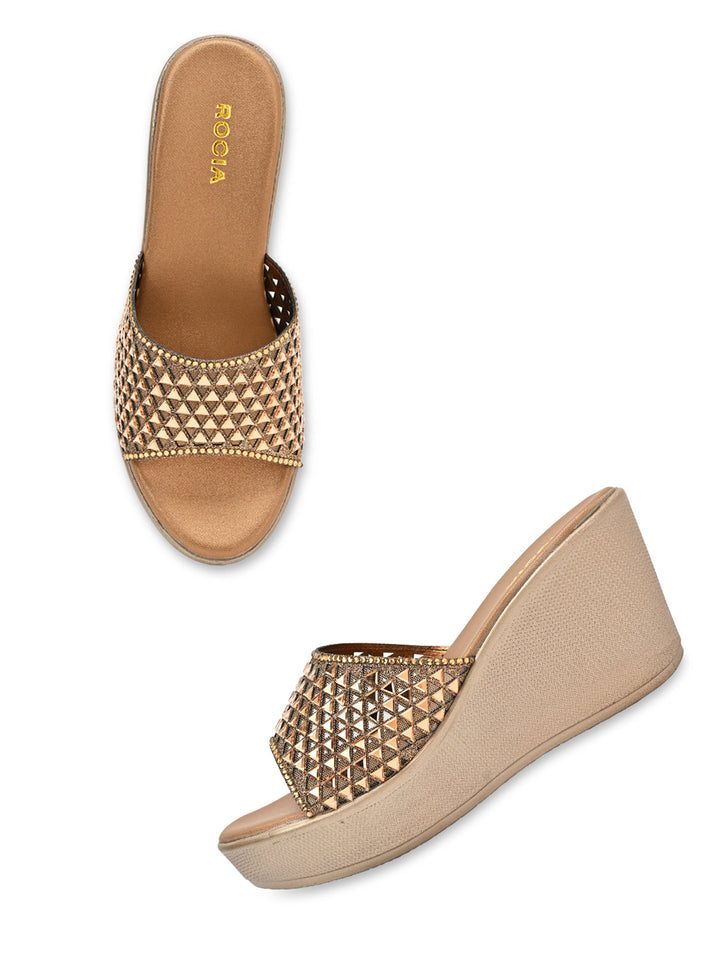 Rocia By Regal Antique Gold Women Diamond Embellished High Platforms