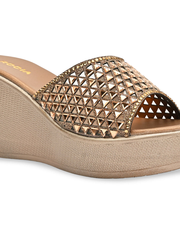 Rocia By Regal Antique Gold Women Diamond Embellished High Platforms