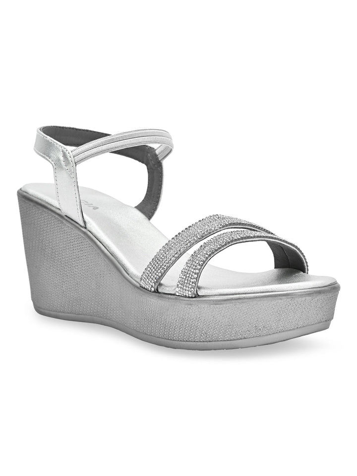 Rocia By Regal Silver Women Diamante Strap High Platforms