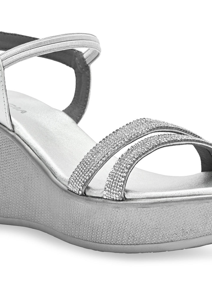 Rocia By Regal Silver Women Diamante Strap High Platforms
