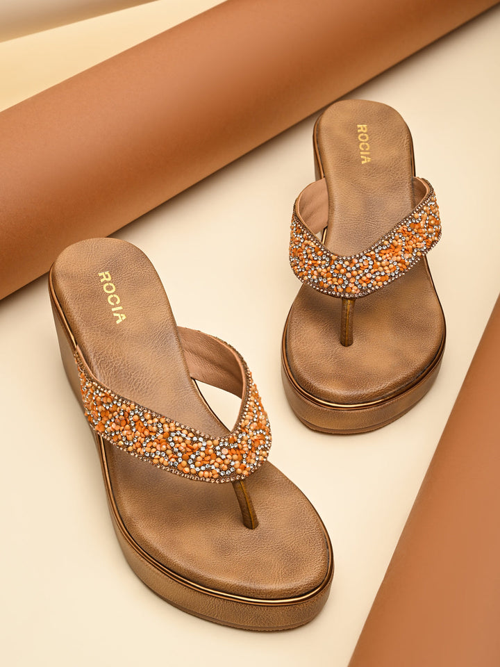 Rocia By Regal Antique Gold Women Embroidered Thong Platforms