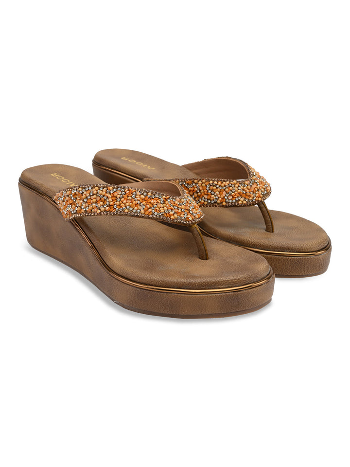 Rocia By Regal Antique Gold Women Embroidered Thong Platforms