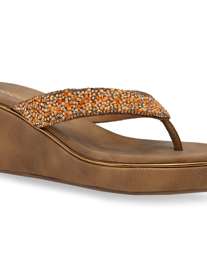 Rocia By Regal Antique Gold Women Embroidered Thong Platforms