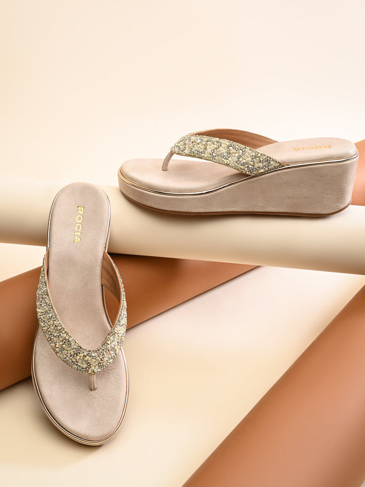 Rocia By Regal Light Gold Women Embroidered Thong Platforms