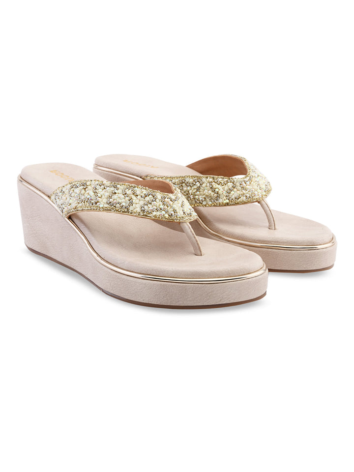 Rocia By Regal Light Gold Women Embroidered Thong Platforms