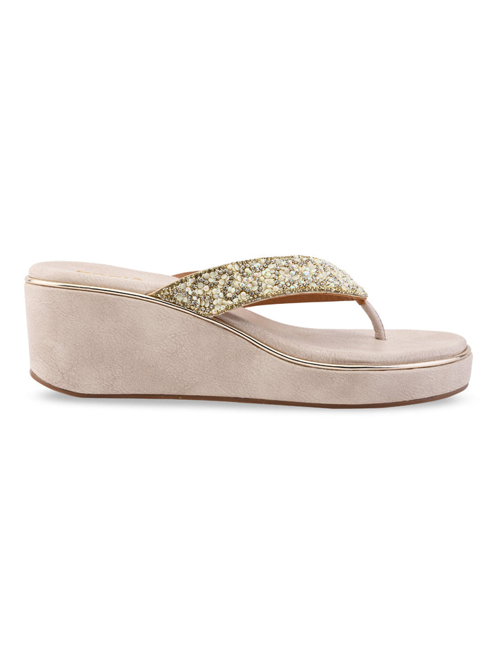 Rocia By Regal Light Gold Women Embroidered Thong Platforms