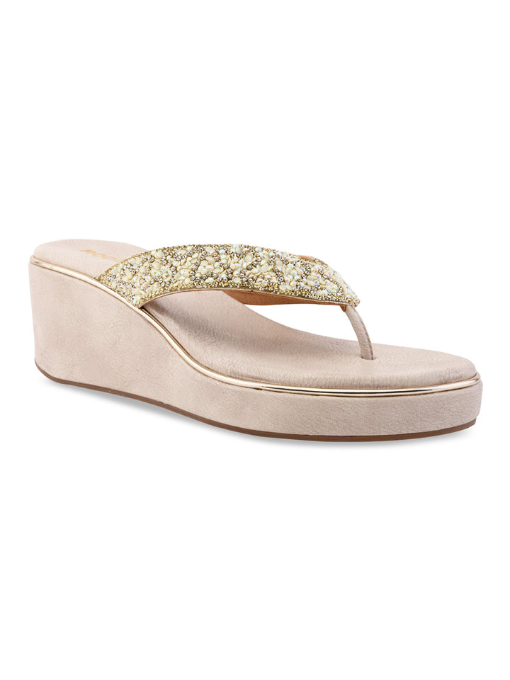 Rocia By Regal Light Gold Women Embroidered Thong Platforms