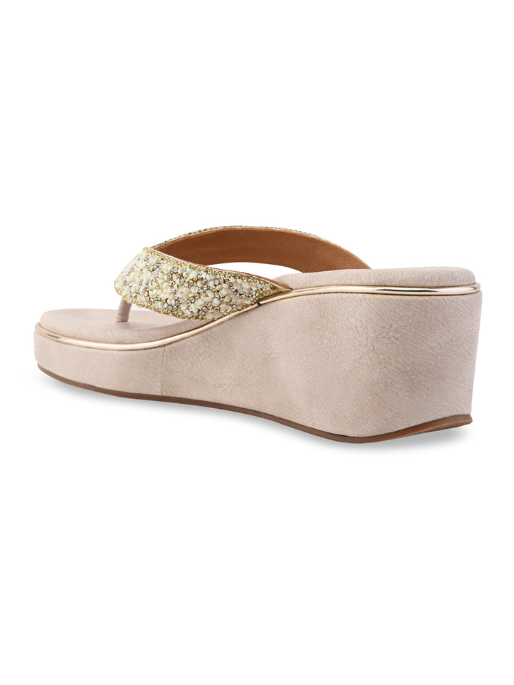 Rocia By Regal Light Gold Women Embroidered Thong Platforms