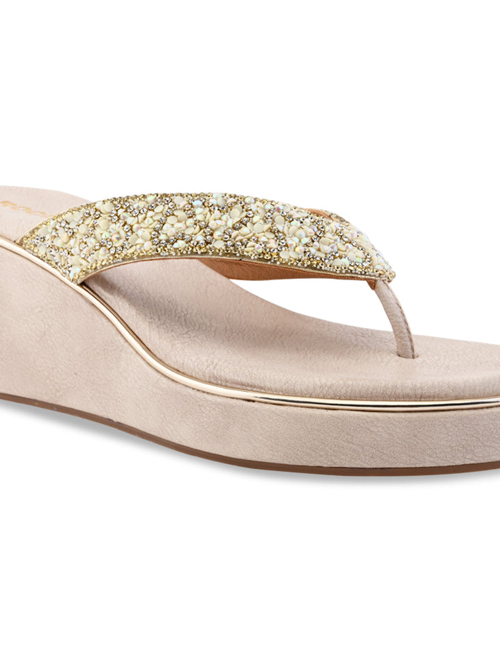 Rocia By Regal Light Gold Women Embroidered Thong Platforms