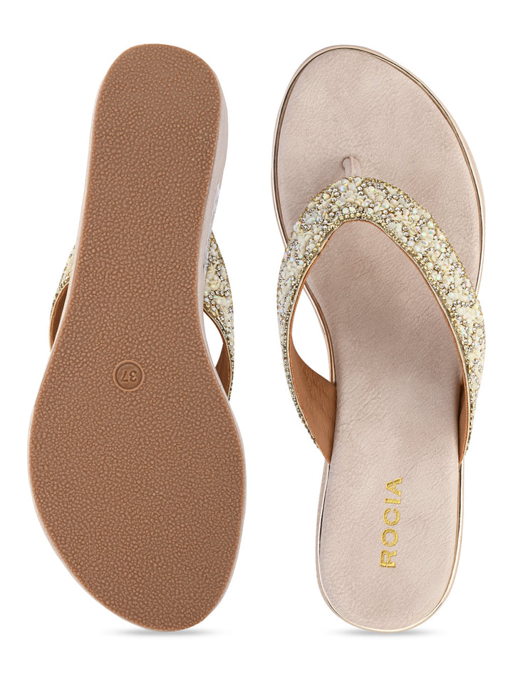 Rocia By Regal Light Gold Women Embroidered Thong Platforms