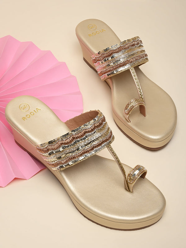 Rocia By Regal Gold Women One Toe Embroidered Platforms