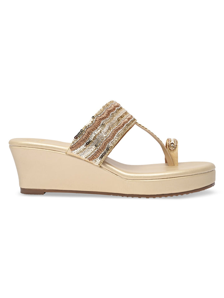 Rocia By Regal Gold Women One Toe Embroidered Platforms