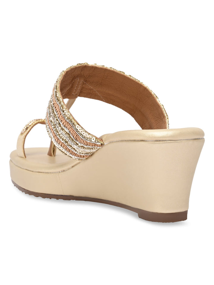 Rocia By Regal Gold Women One Toe Embroidered Platforms