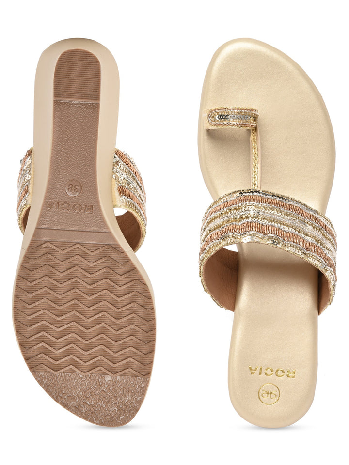 Rocia By Regal Gold Women One Toe Embroidered Platforms