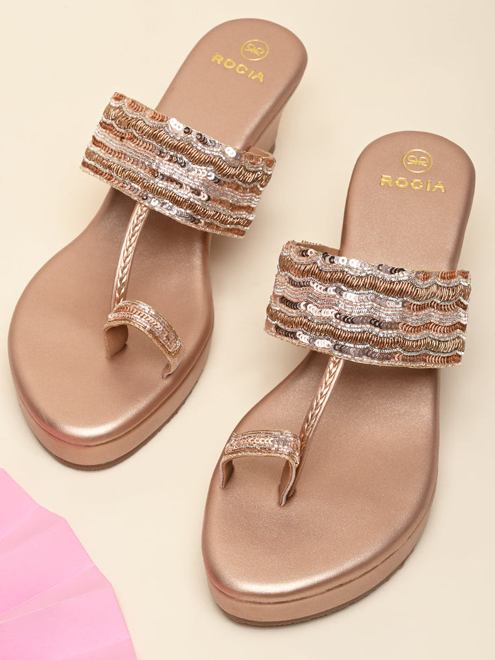 Rocia By Regal Rose Gold Women One Toe Embroidered Platforms
