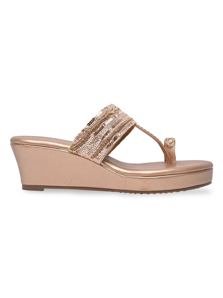 Rocia By Regal Rose Gold Women One Toe Embroidered Platforms