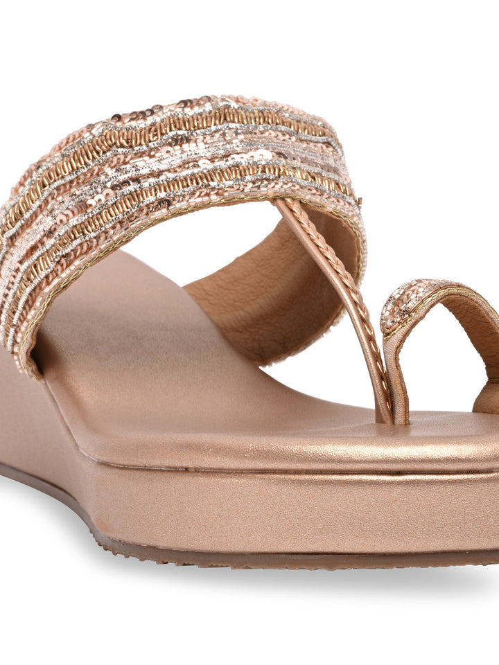Rocia By Regal Rose Gold Women One Toe Embroidered Platforms