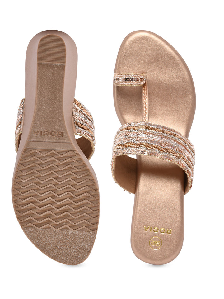 Rocia By Regal Rose Gold Women One Toe Embroidered Platforms
