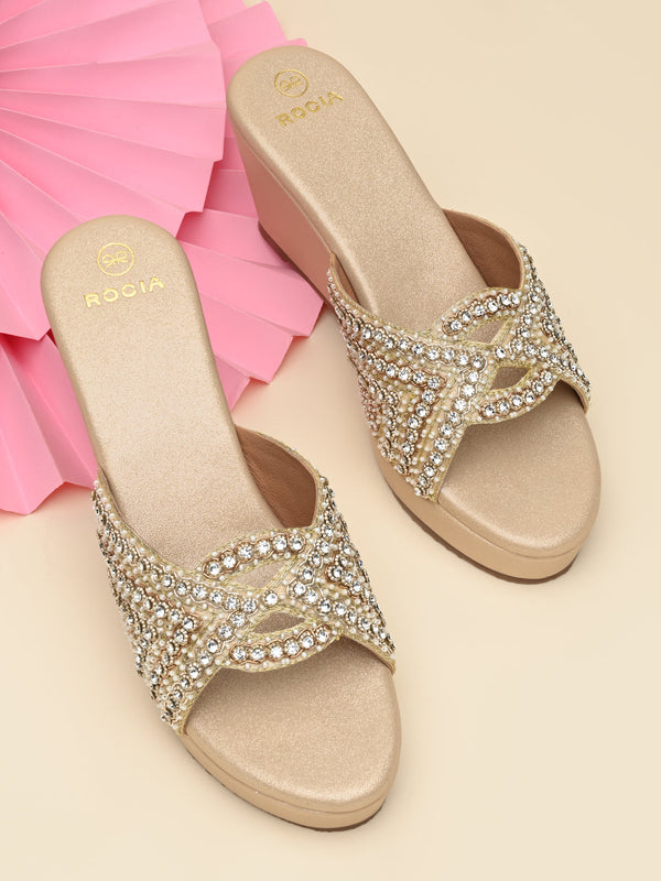 Rocia By Regal Gold Women Heavy Encrusted Diamond Platforms