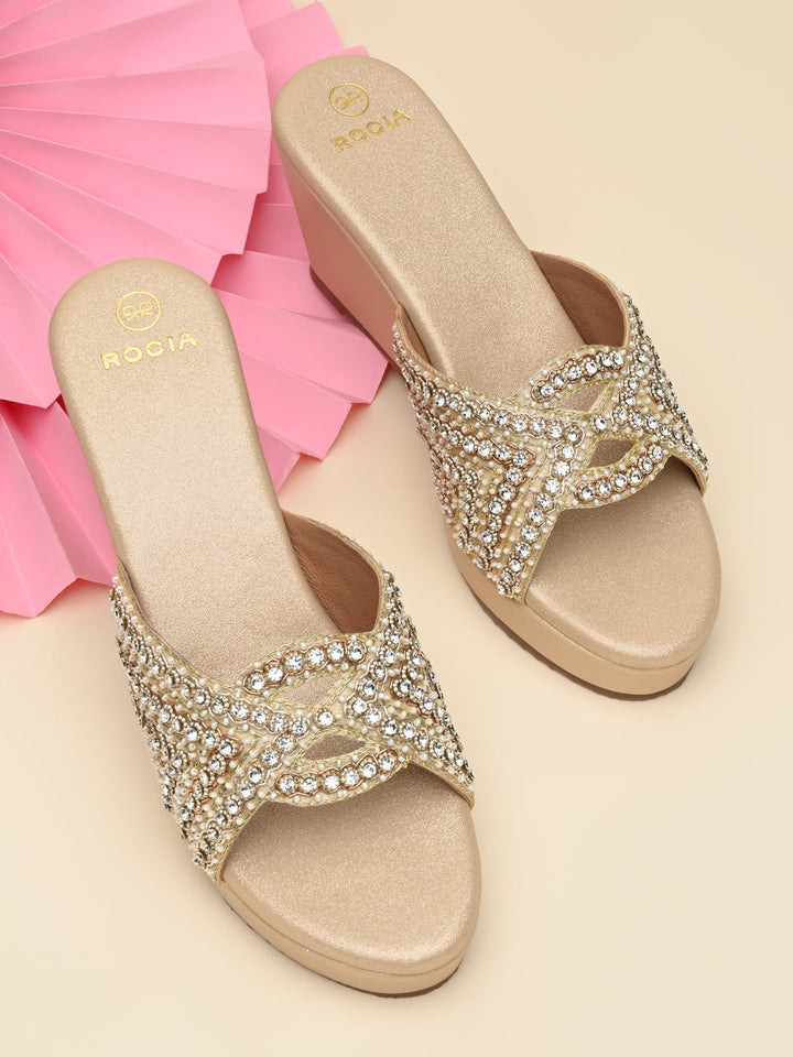 Rocia By Regal Gold Women Heavy Encrusted Diamond Platforms