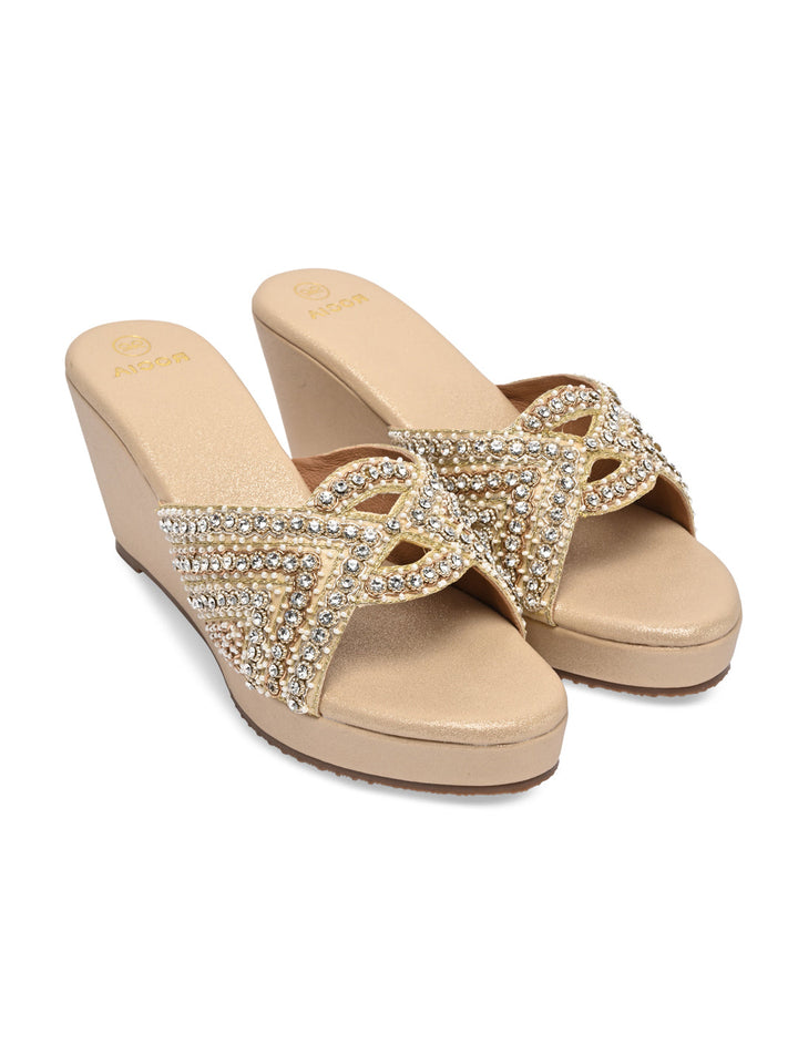Rocia By Regal Gold Women Heavy Encrusted Diamond Platforms
