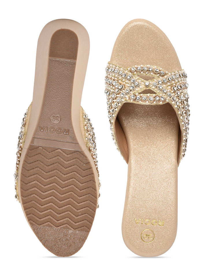 Rocia By Regal Gold Women Heavy Encrusted Diamond Platforms