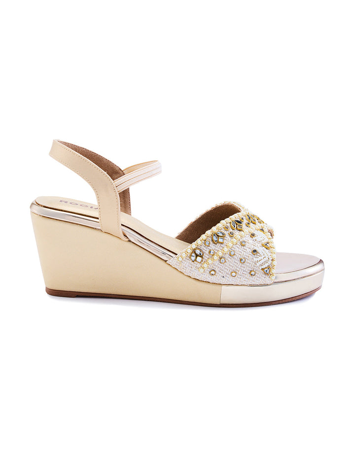 Rocia By Regal Gold Women Kundan Work Platform Sandals